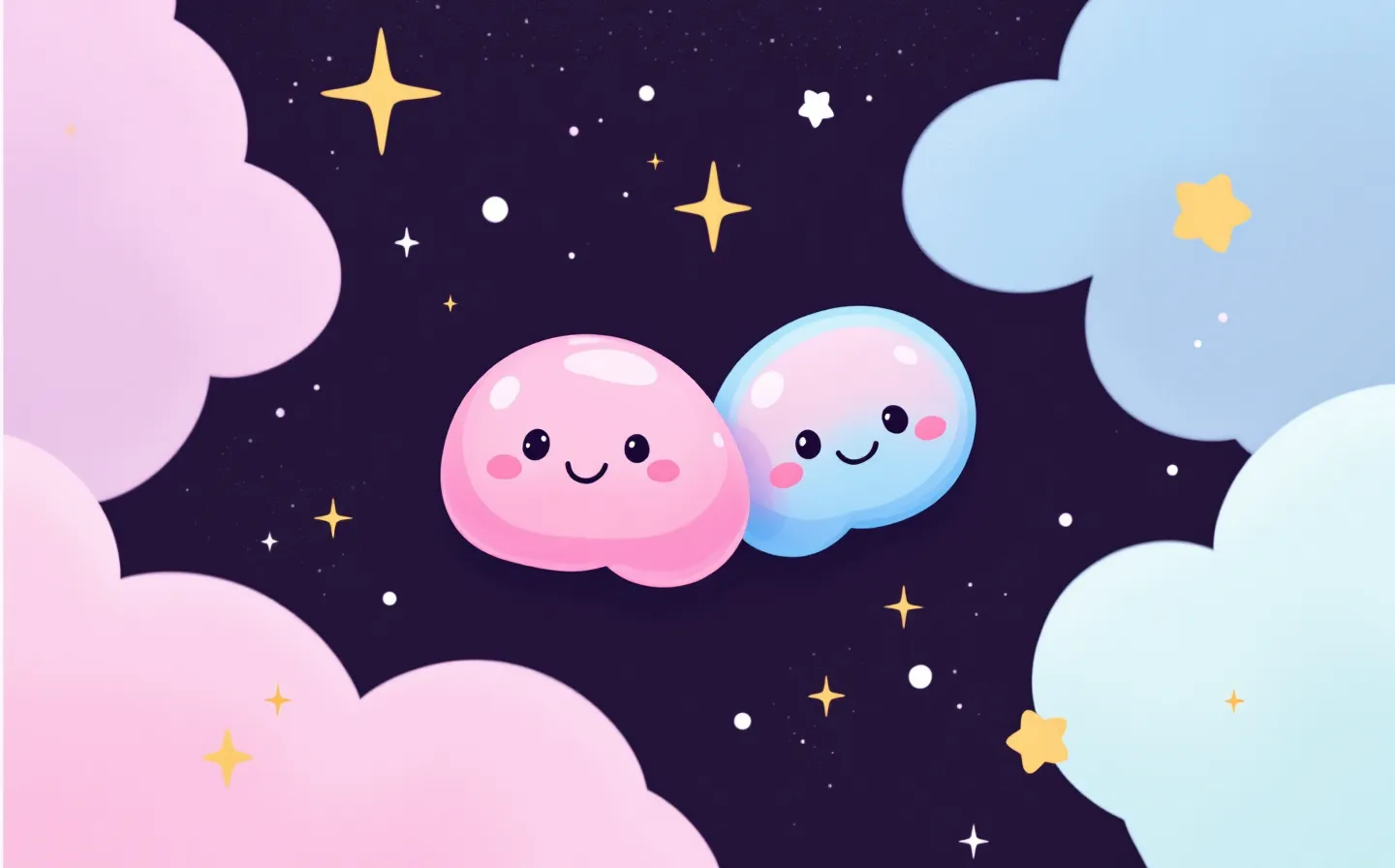 A kawaii soft-jelly illustration of two friendly abstract molecule emblems side by side in glossy bubblegum-pink and sky-blue with sparkles and soft clouds, on a deep grape-violet candy-night ground